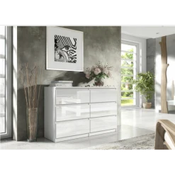 3xeLiving Commode DEMII Avec 6 Tiroirs En Blanc/blanc Brillant, 120 Cm