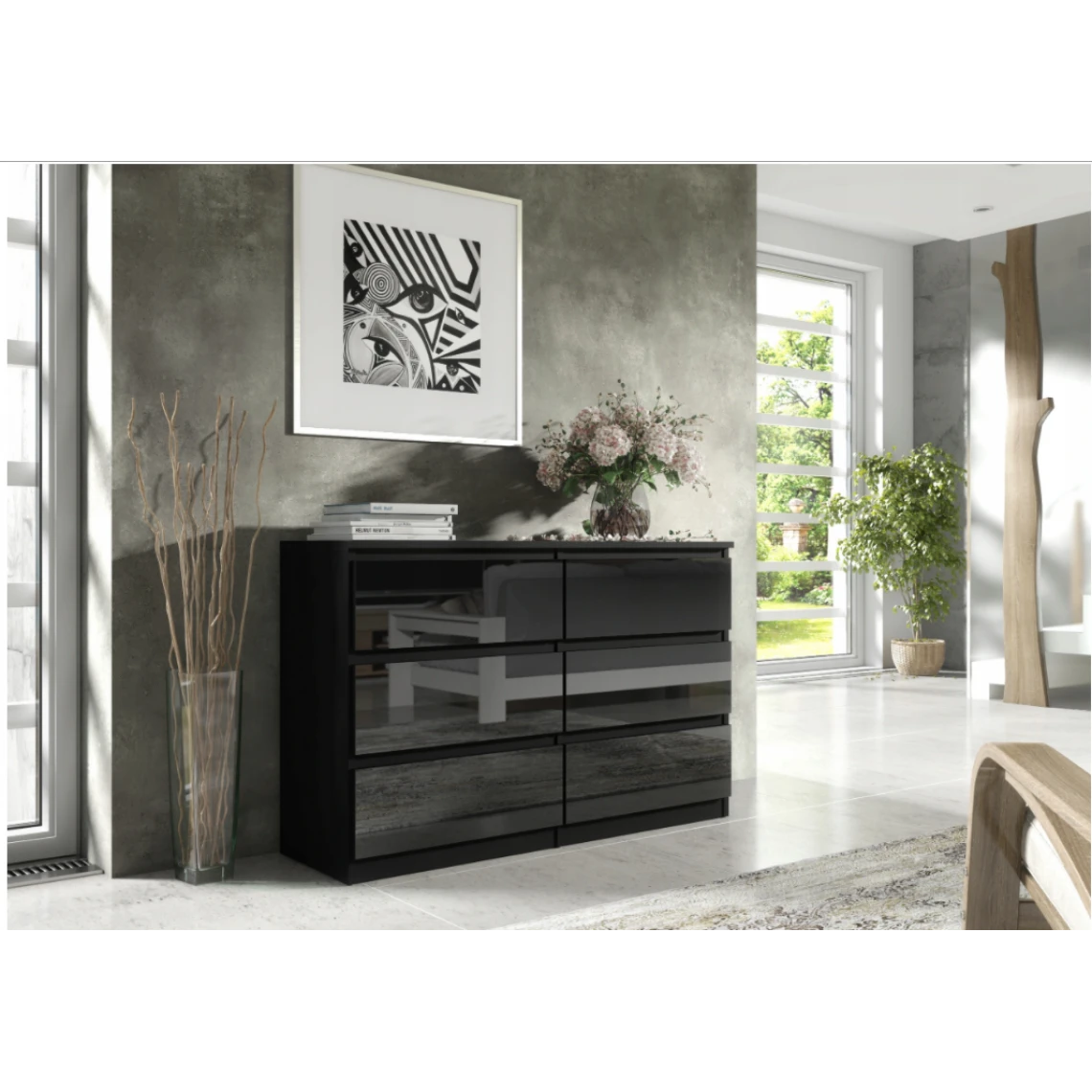 3xeLiving Commode DEMII Avec 6 Tiroirs En Noir/noir Brillant, 120 Cm