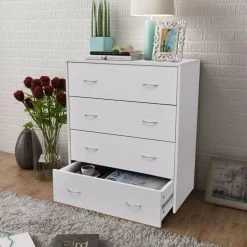 VidaXL Buffet Avec 4 Tiroirs Blanc Commode Meuble De Rangement Armoire