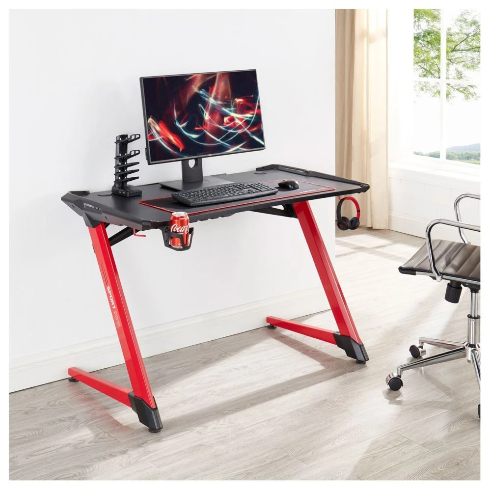 IDIMEX Bureau Gamer RUSH Avec éclairage LED, En Métal Noir Et Rouge – Image 2