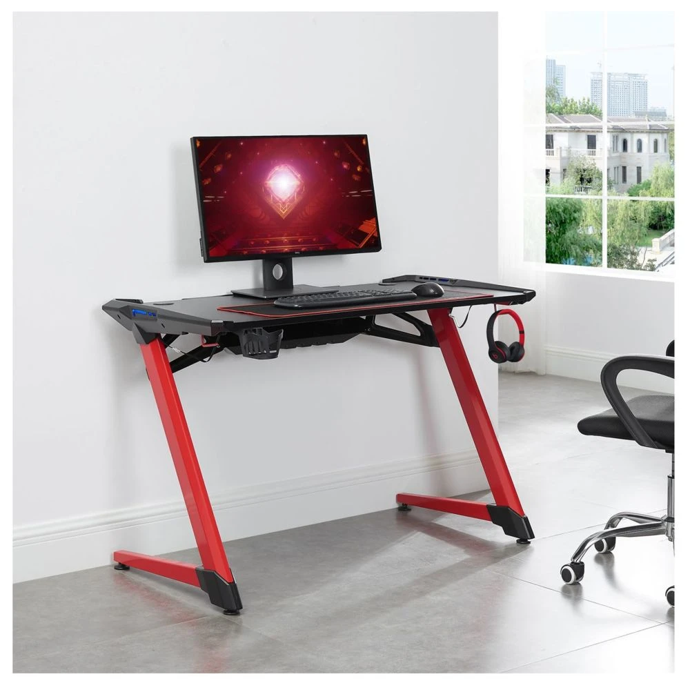 IDIMEX Bureau Gamer RUSH Avec éclairage LED, En Métal Noir Et Rouge – Image 4