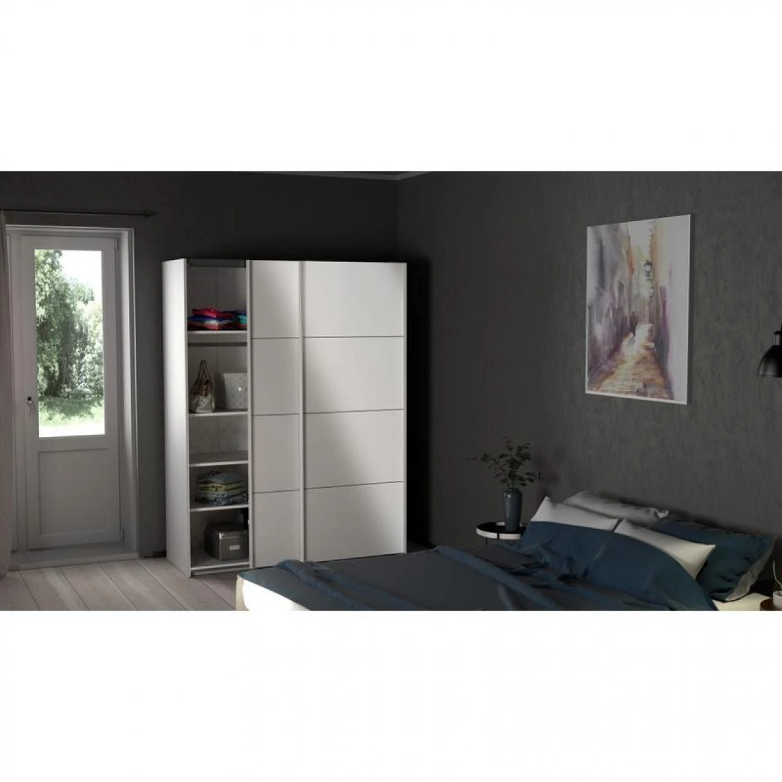 BUT Armoire 2 Portes Coulissantes L.150 Cm ELEGANCE MINI Blanc Laqué – Image 2
