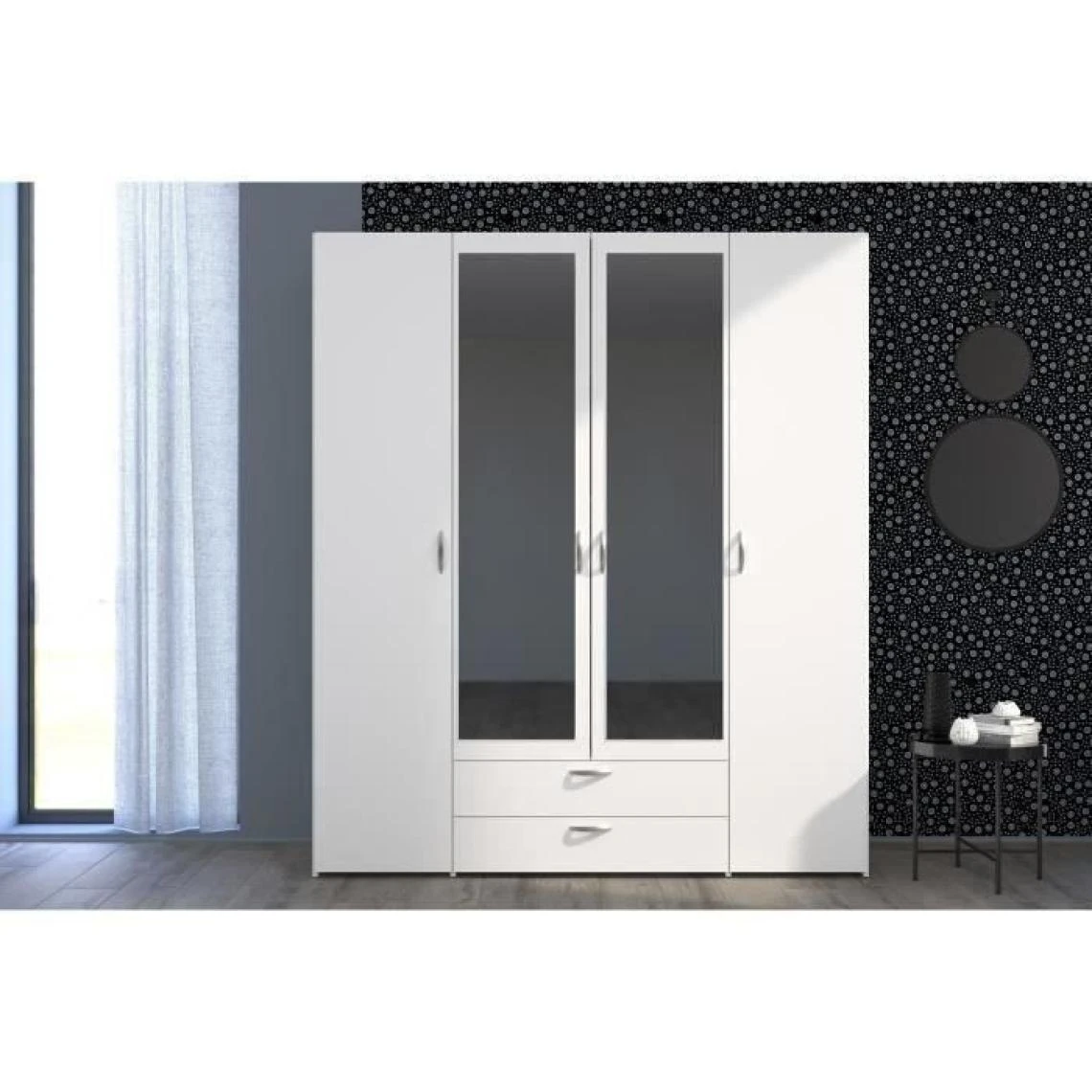 Parisot Armoire VARIA - Décor Blanc - 4 Portes Battantes + 2 Miroirs + 2 Tiro... – Image 2