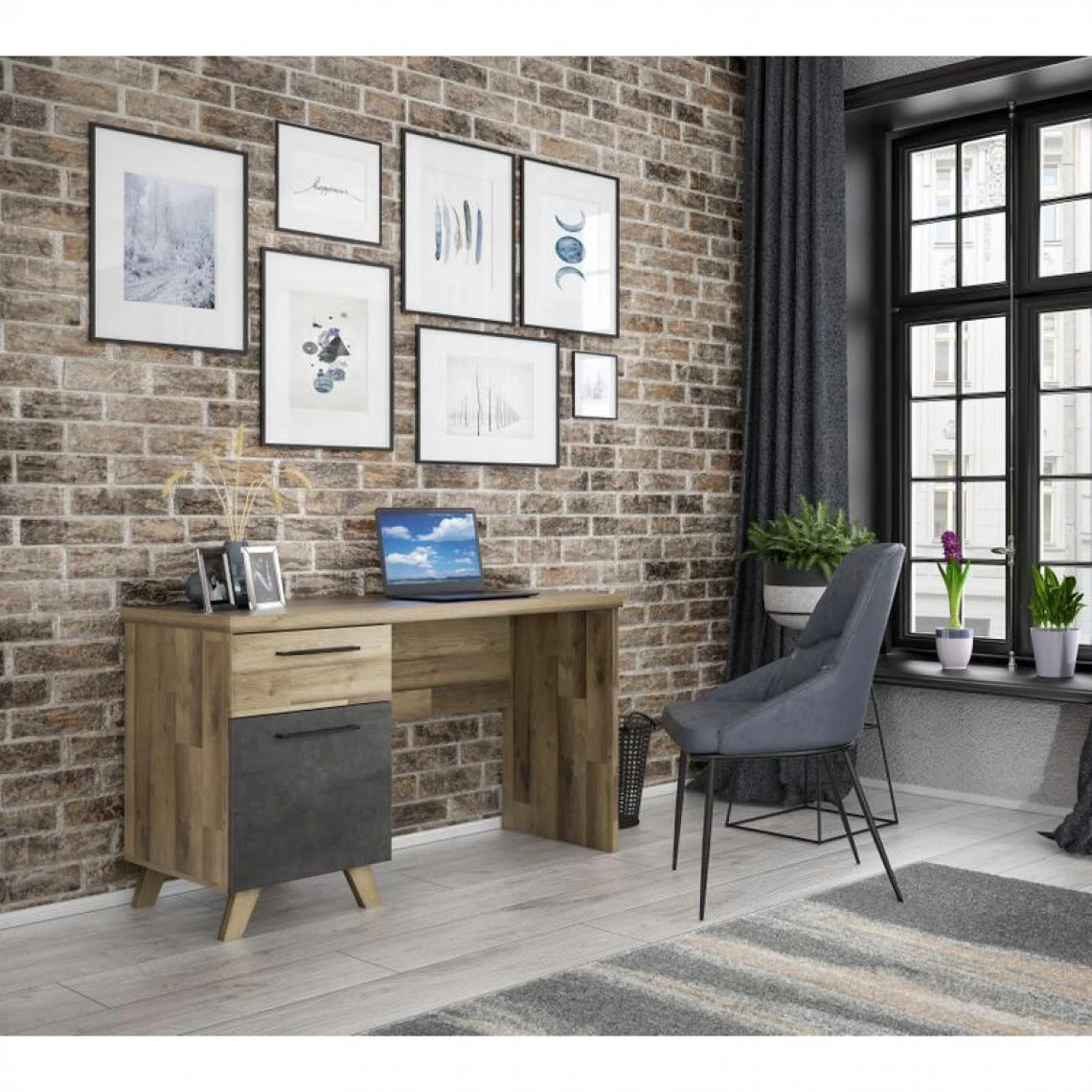 BUT Bureau 1 Porte Et 1 Tiroir RICCIANO Imitation Chêne Et Béton – Image 2