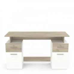 Dansmamaison Bureau 2 Portes 2 Tiroirs Bois/Blanc - VOLTAIRE - L 135 X L 55 X H 76 ...