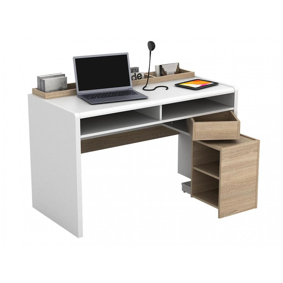 Vente-unique Bureau ASERRI Avec Rangements - Blanc Et Chêne – Image 3