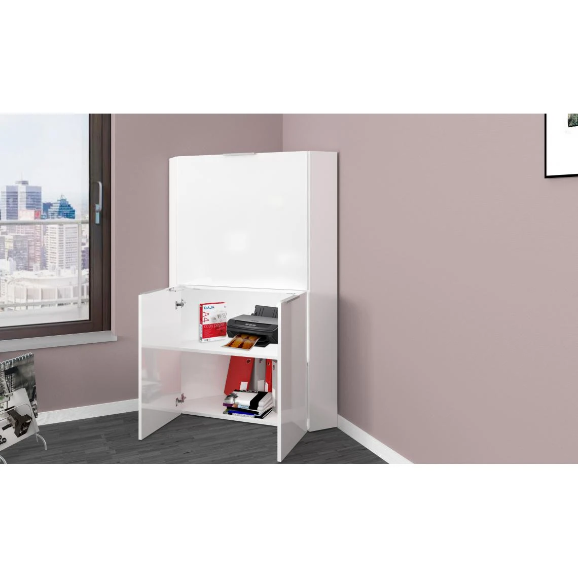 ALTER Bureau D'angle Avec Plateau Caché, Made In Italy, Armoire Avec étag?... – Image 5