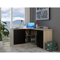 Vente-unique Bureau D'angle NORWY - 2 Portes & 2 Tiroirs - ChĂŞne Et Noir