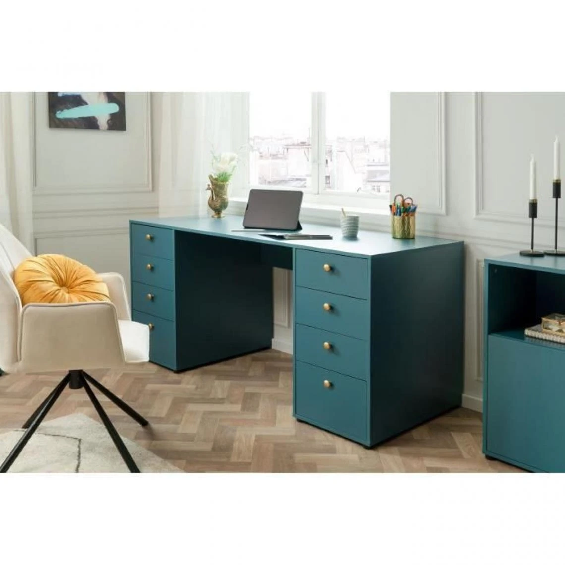 SANS MARQUE Bureau Droit Avec 8 Tiroirs - Bleu Petrole - 160 X 67 X 75 Cm - Pop Co... – Image 5