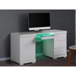 Vente-unique Bureau PLUTON - MDF Laqué Blanc - LEDs - 1 Porte & 3 Tiroirs