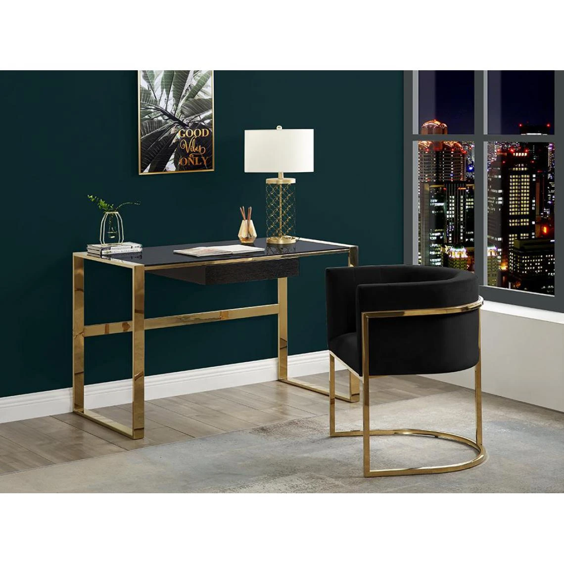 Vente-unique Bureau SALI - 1 Tiroir - Verre Trempé Et Acier - Noir Et Doré – Image 2