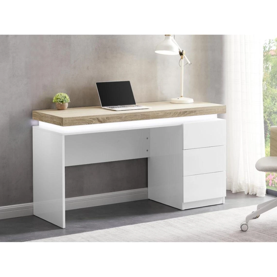 Vente-unique Bureau Avec 3 Tiroirs Et LEDs - MDF Laqué Blanc Et Naturel - HALO