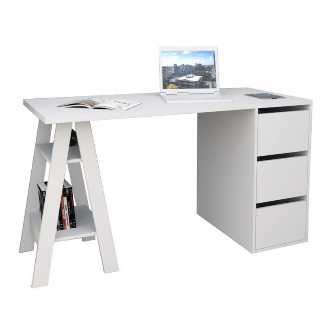 Beaux Meubles Pas Chers Bureau Tréteau 3 Tiroirs Blanc SELF