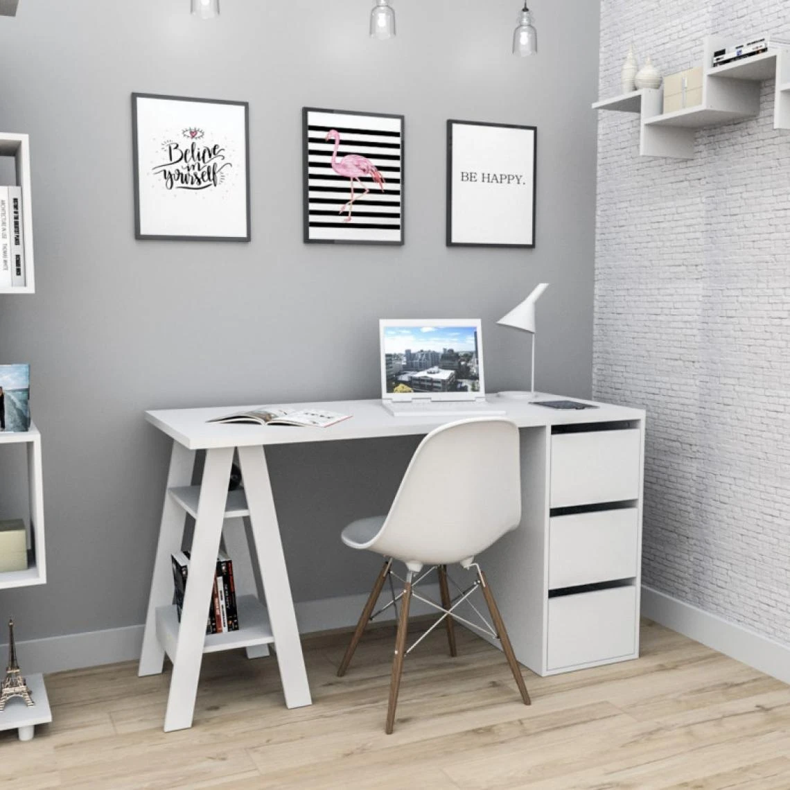 Beaux Meubles Pas Chers Bureau Tréteau 3 Tiroirs Blanc SELF – Image 2
