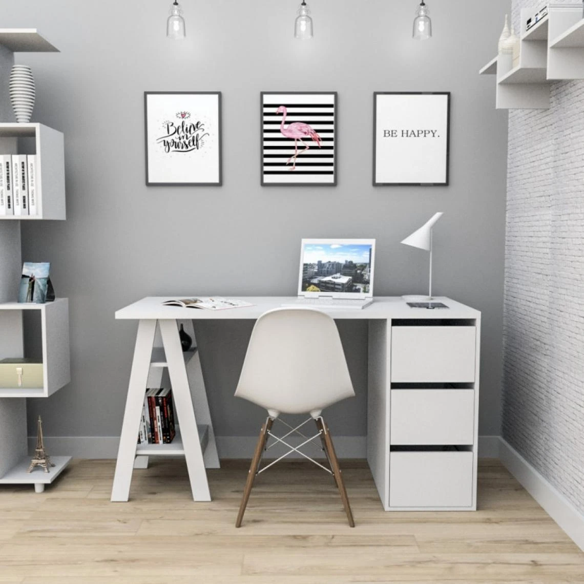 Beaux Meubles Pas Chers Bureau Tréteau 3 Tiroirs Blanc SELF – Image 3