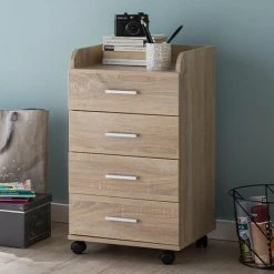 MES Caisson à Roulettes 4 Tiroirs 40x33x70,5 Cm Décor Chêne