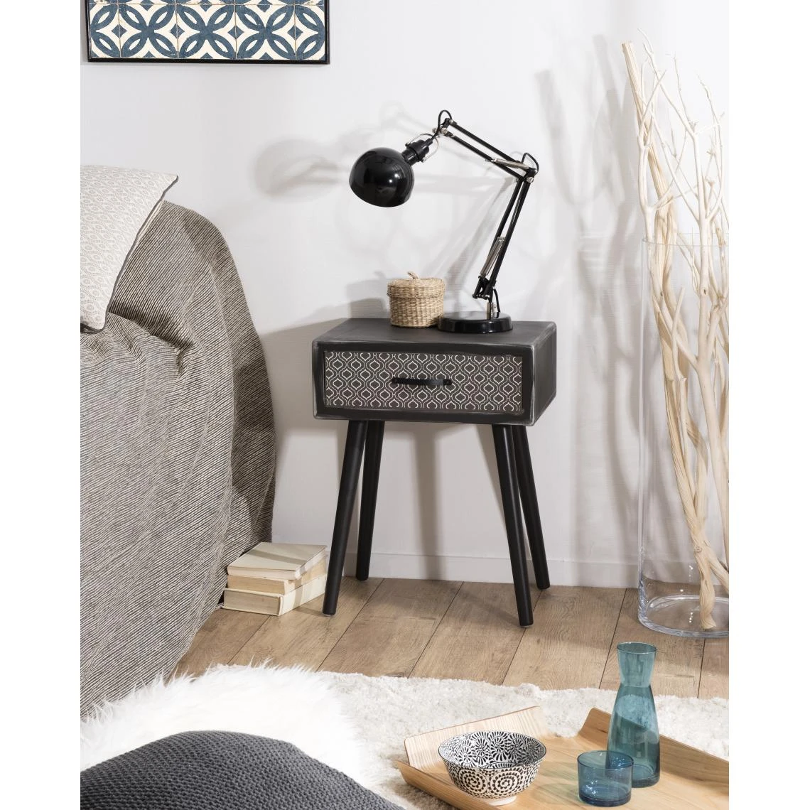 MACABANE Chevet 1 Tiroir Pin Noir Mat 56x31cm Battambang – Image 5