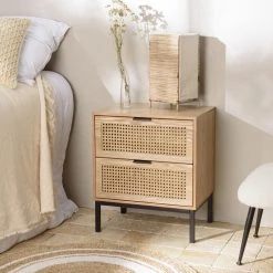 MACABANE Chevet 2 Tiroirs Cannage Naturel Pieds Métal Noir MARCEAU