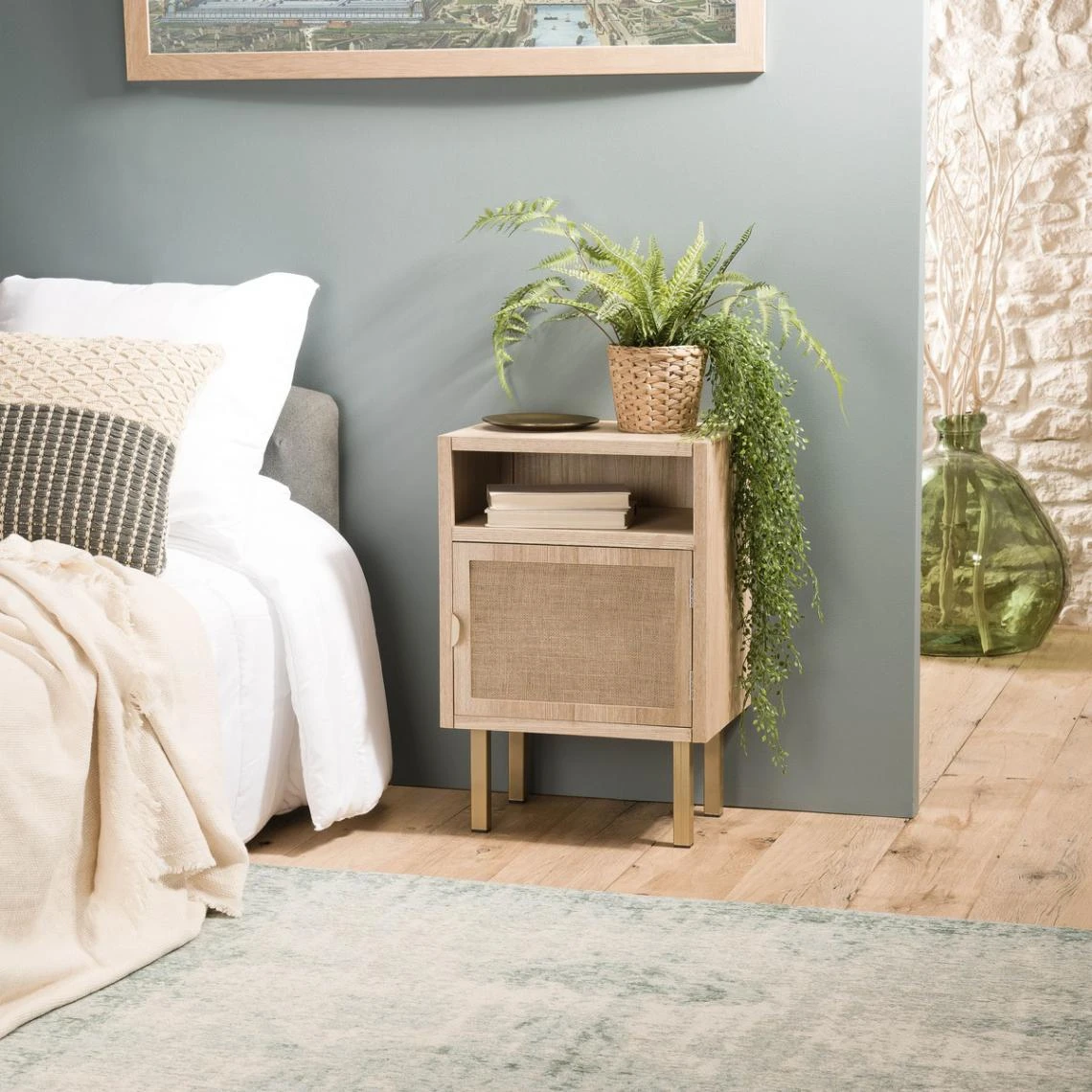 MACABANE Chevet ALINE 1 Niche 1 Porte Toile De Jute Pieds Métal Doré – Image 19