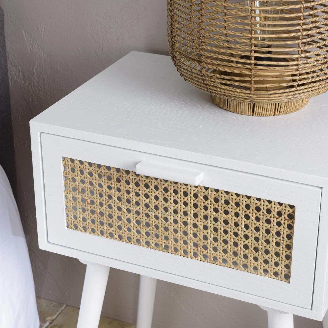 MACABANE Chevet Blanc 1 Tiroir Cannage Naturel SANDRO – Image 4