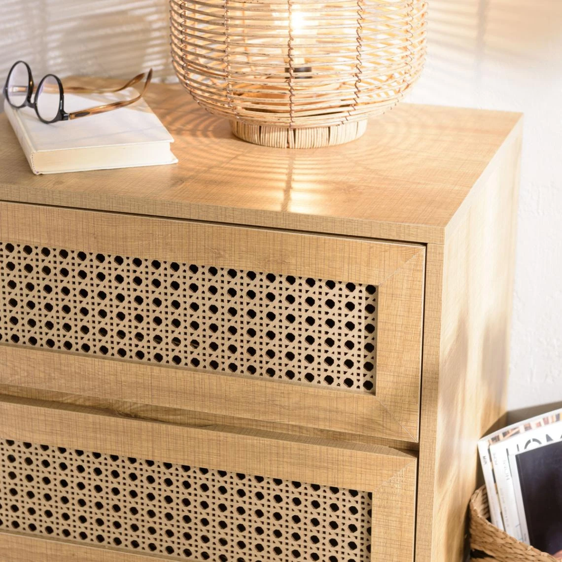 MACABANE Chevet Marron 2 Tiroirs Effet Cannage Pieds Métal Noir CHARLIE – Image 3