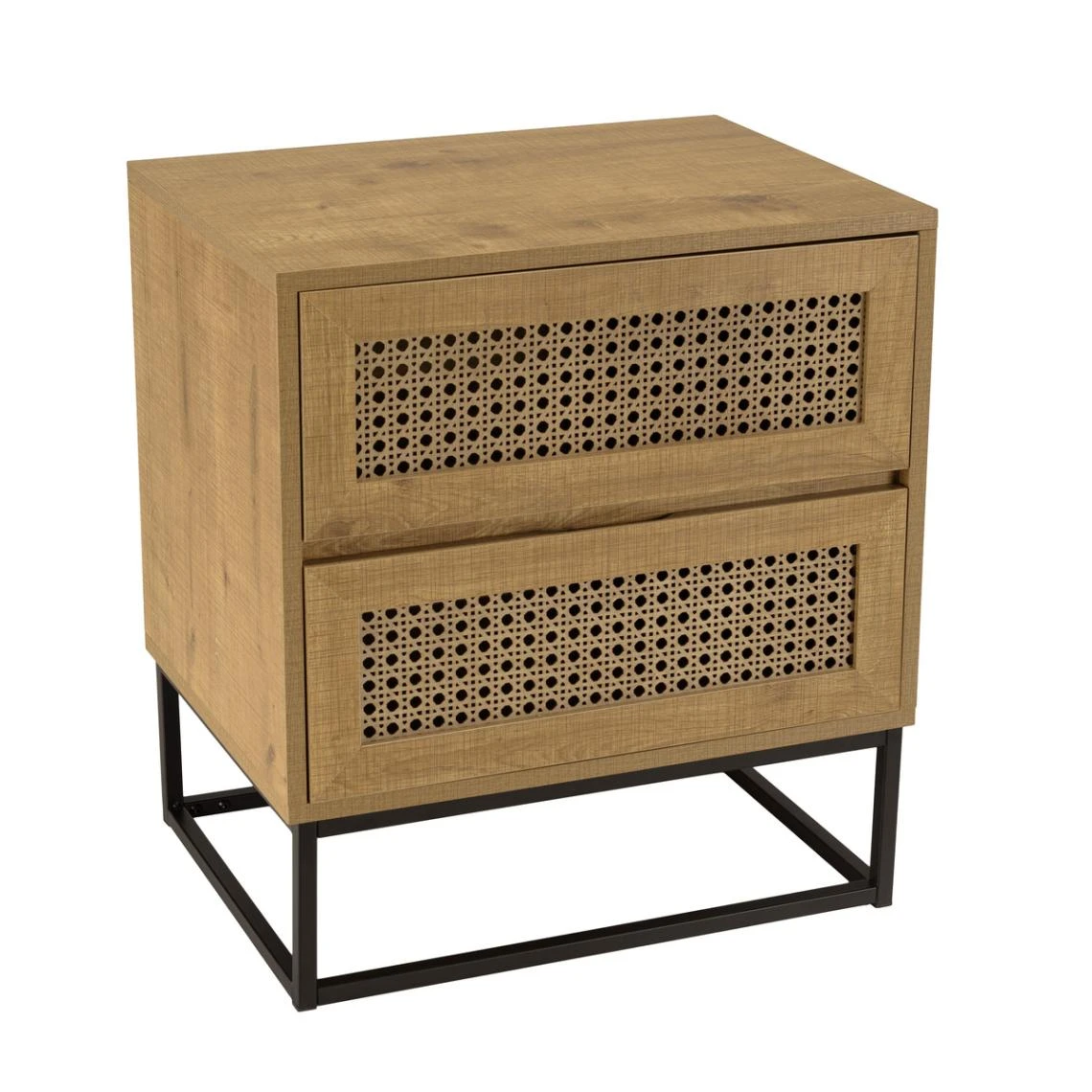 MACABANE Chevet Marron 2 Tiroirs Effet Cannage Pieds Métal Noir CHARLIE – Image 4