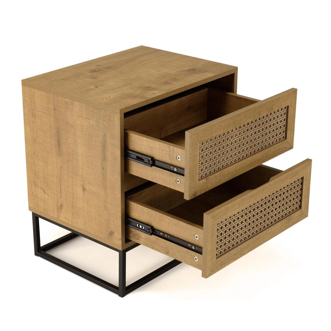 MACABANE Chevet Marron 2 Tiroirs Effet Cannage Pieds Métal Noir CHARLIE – Image 5