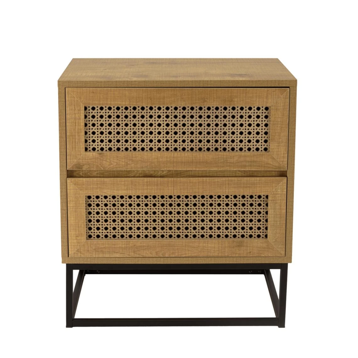 MACABANE Chevet Marron 2 Tiroirs Effet Cannage Pieds Métal Noir CHARLIE – Image 2