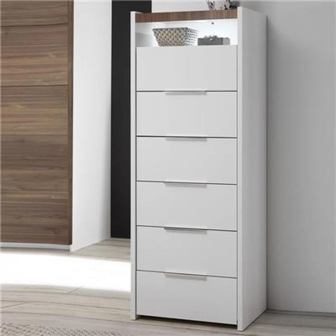 NOUVOMEUBLE Chiffonnier LED Blanc Et Couleur Noyer Foncé DELFINO