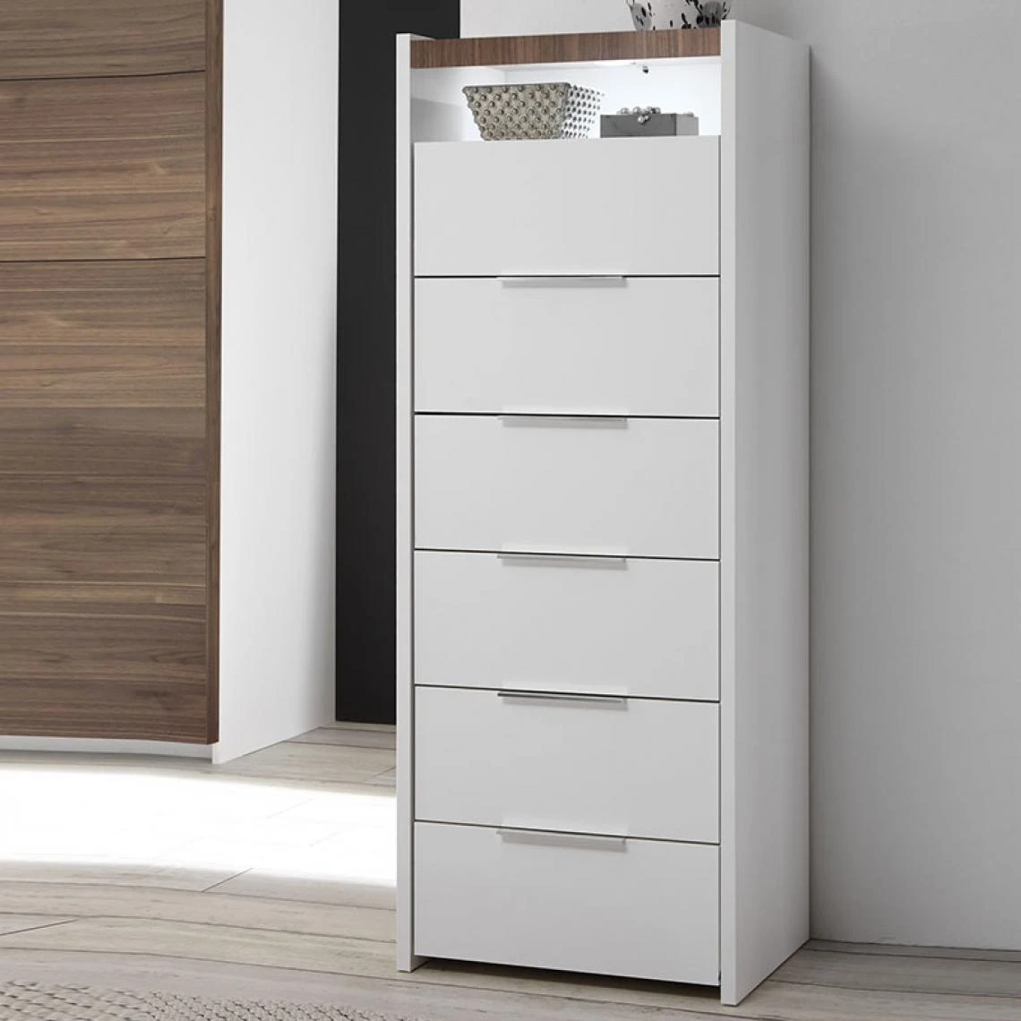 NOUVOMEUBLE Chiffonnier LED Blanc Et Couleur Noyer Foncé DELFINO – Image 2