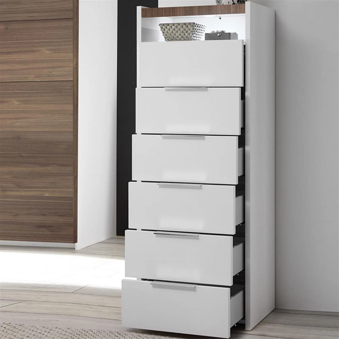 NOUVOMEUBLE Chiffonnier LED Blanc Et Couleur Noyer Foncé DELFINO – Image 3