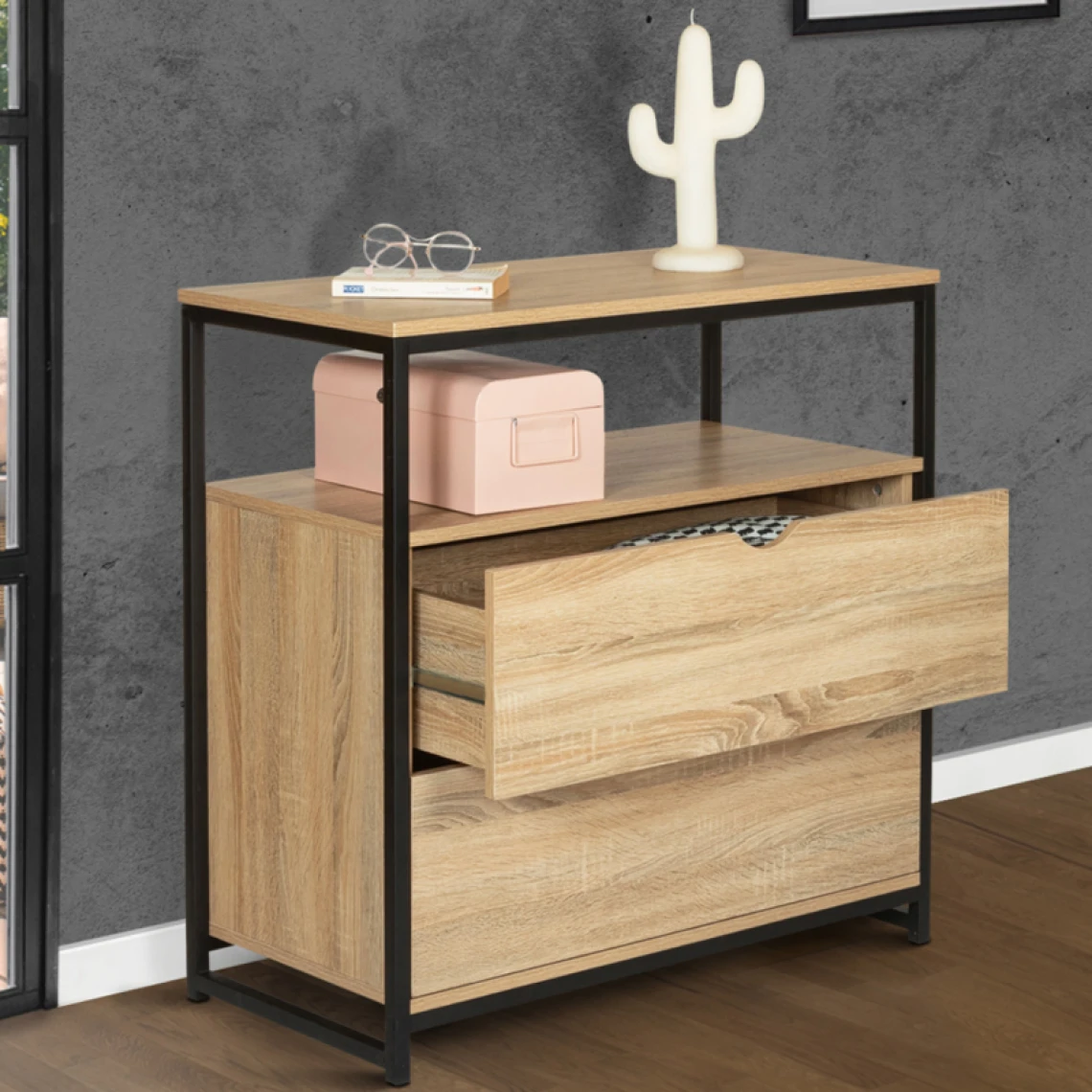 Idmarket Commode 2 Tiroirs DETROIT Design Industriel Avec étagère