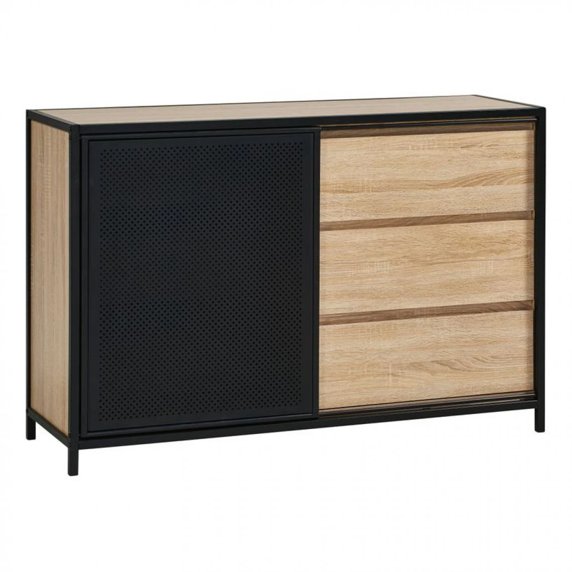 BUT Commode 3 Tiroirs 1 Porte Indus OSKAR Imitation ChĂȘne Et Acier