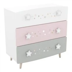 BUT Commode 3 Tiroirs ETOILES 2 Gris, Rose Et Blanc