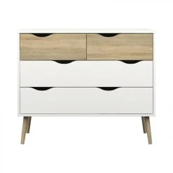 BUT Commode 4 Tiroirs OSLO Blanc/ Imitation Chêne