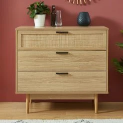 Baita Commode AMANA Cannage Et Décor Bois 3 Tiroirs - L80cm