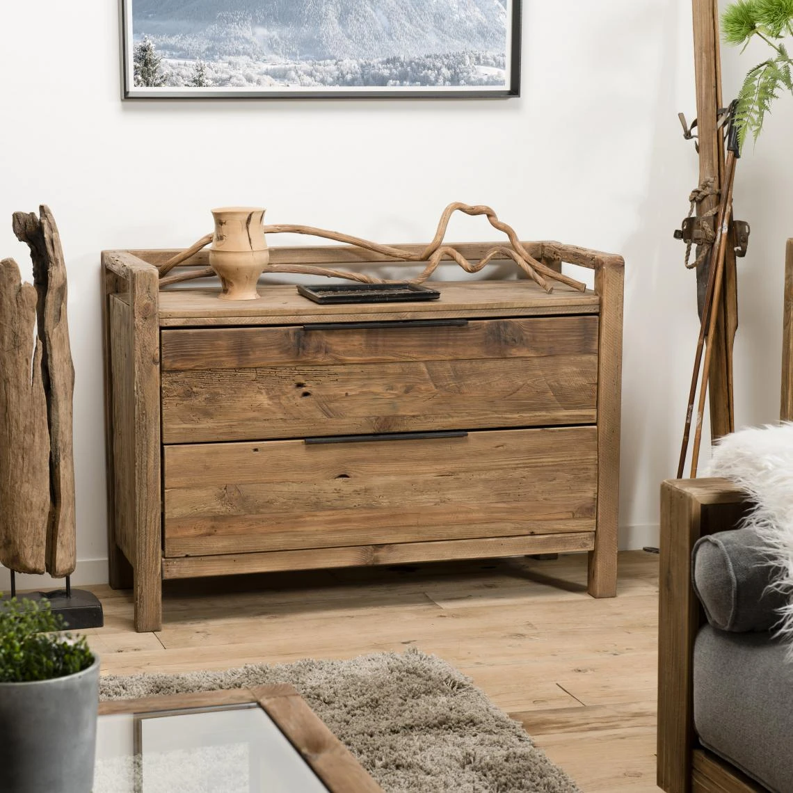 MACABANE Commode ANDRIAN 2 Tiroirs Bois Pin Recyclé – Image 2