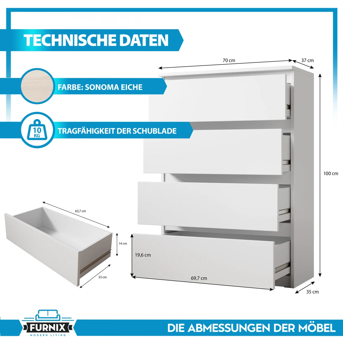 Furnix Commode / Meuble De Rangement ARENAL Avec 4 Tiroirs 70 X 37 X 9... – Image 4