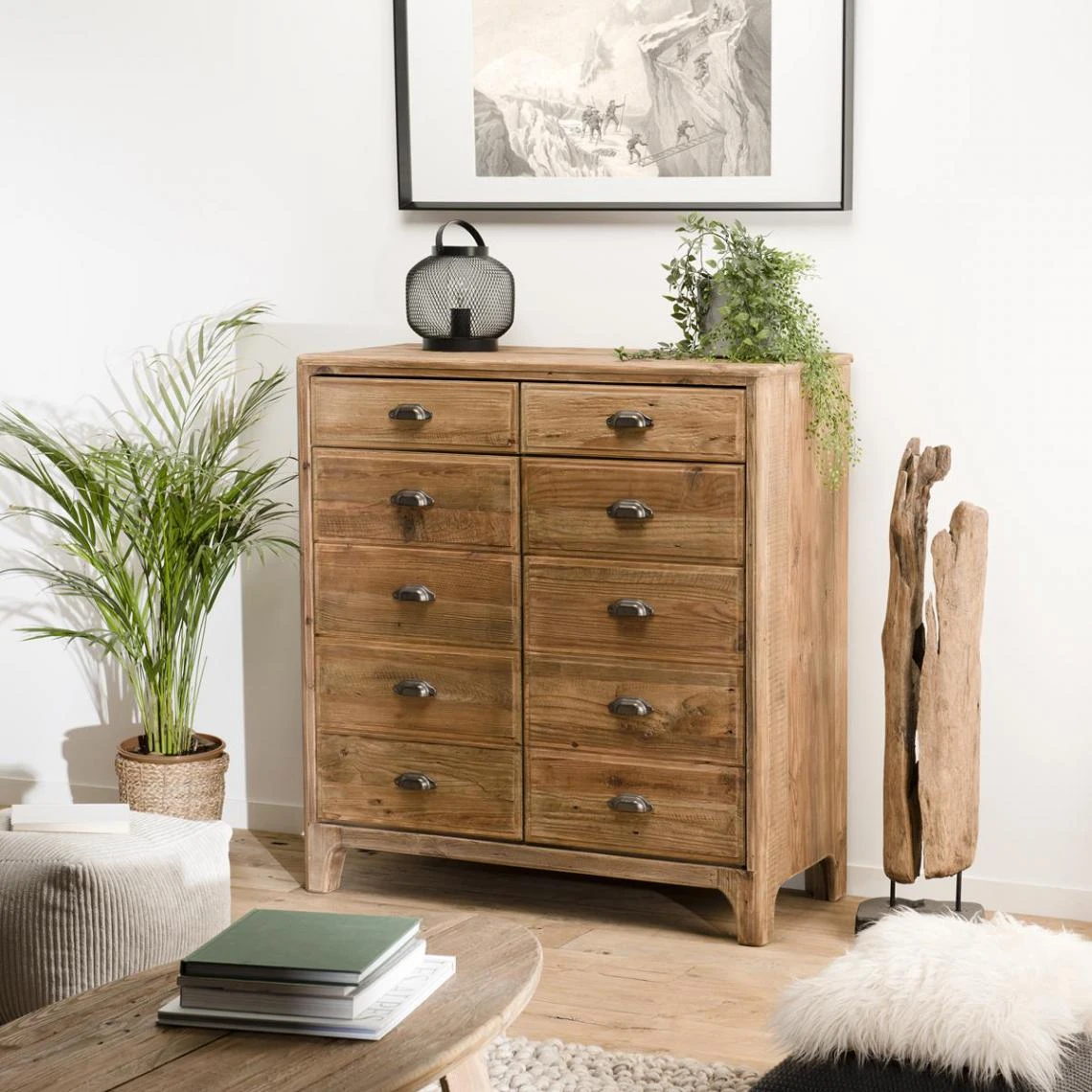 MACABANE Meuble ANDRIAN 2 Tiroirs 2 Portes Avec Deco Faux Tiroirs Bois Pin Recy... – Image 10