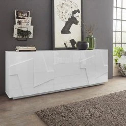 Ahd Amazing Home Design Meuble Buffet Design Salon 4 Portes 3 Tiroirs 220cm Blanc Brillant Pin...
