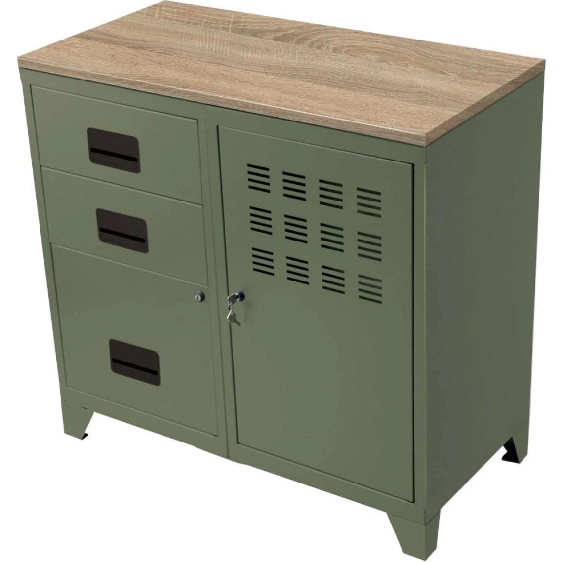 PIERRE HENRY Meuble Bureau Métal 1 Porte 3 Tiroirs Kaki.