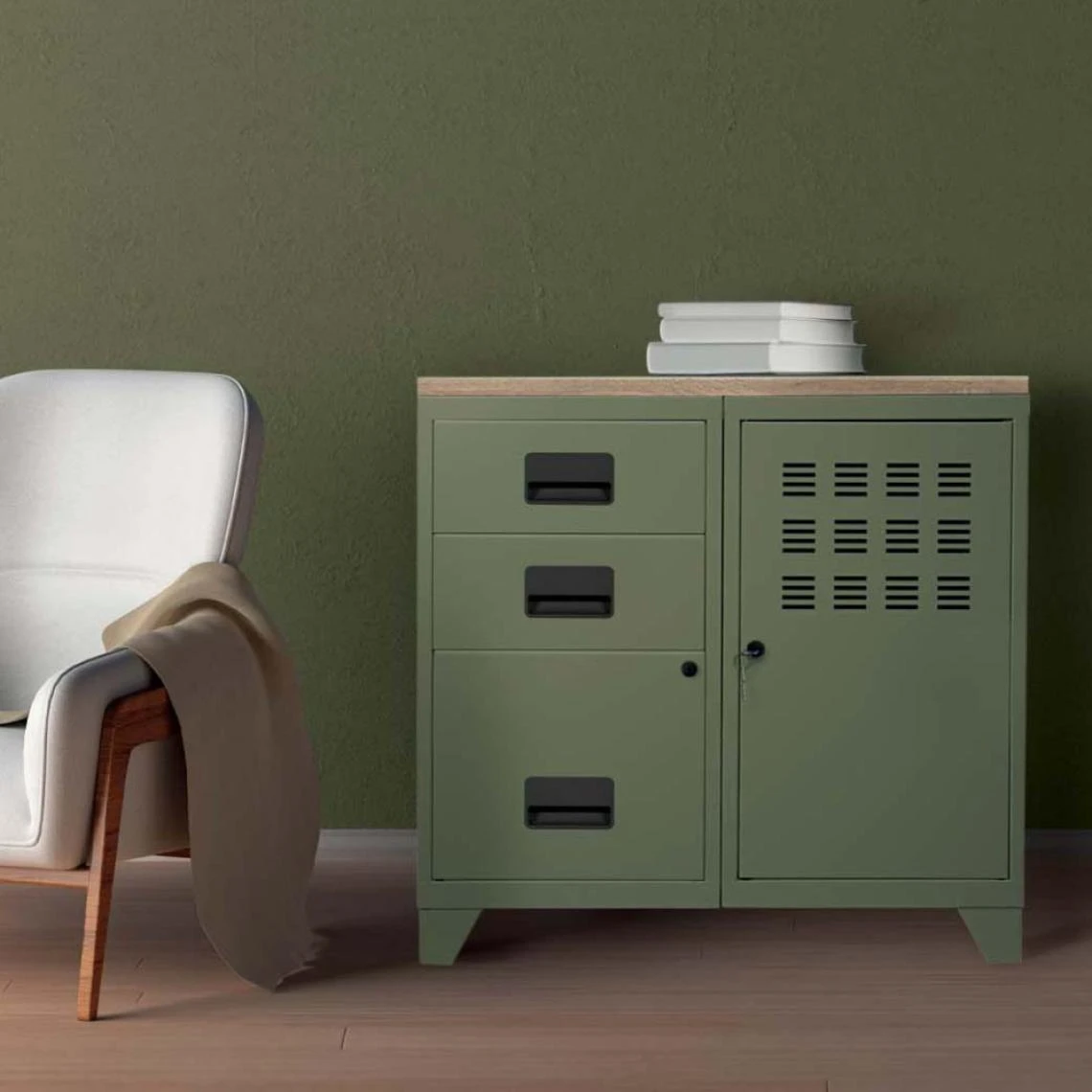 PIERRE HENRY Meuble Bureau Métal 1 Porte 3 Tiroirs Kaki. – Image 2