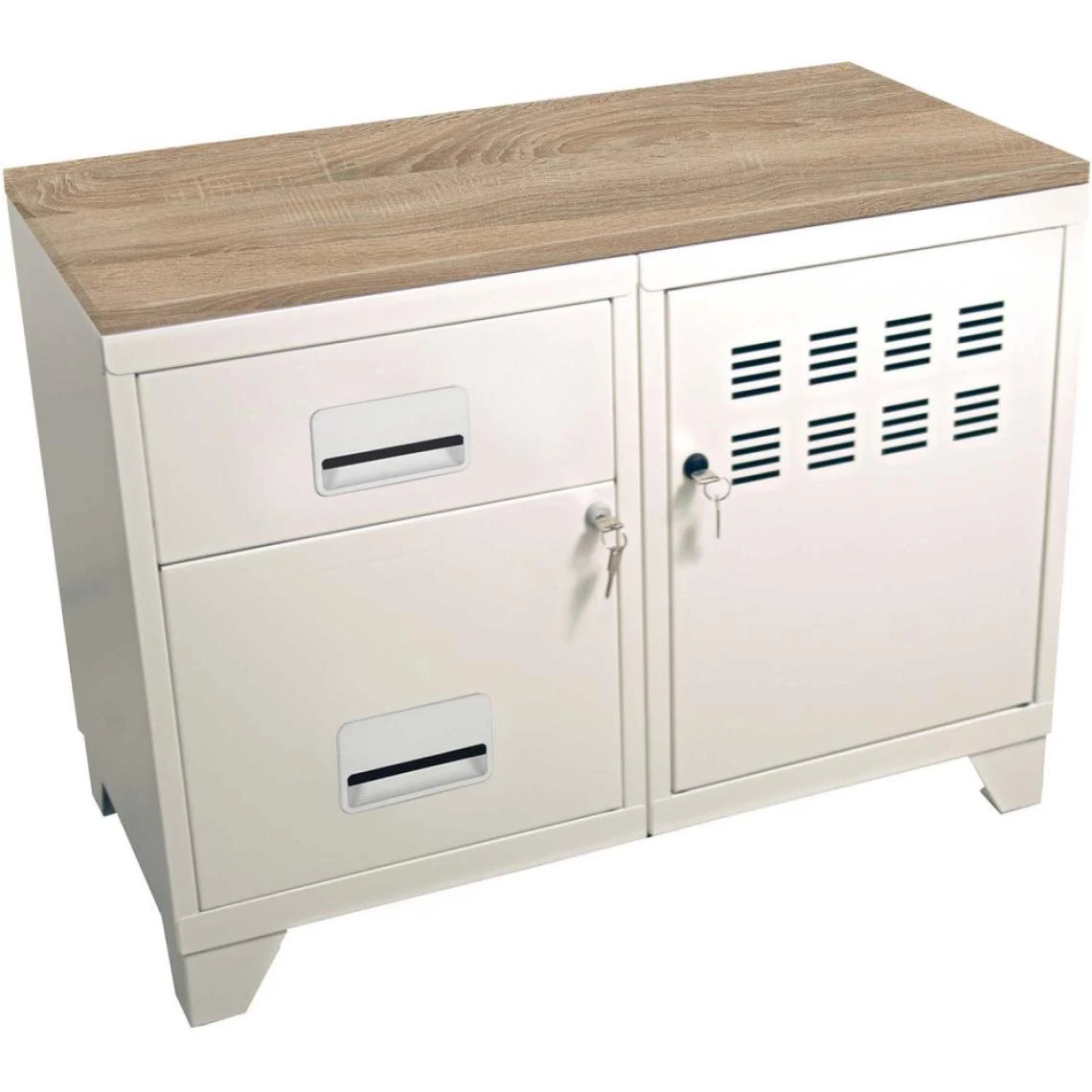 PIERRE HENRY Meuble Rangement Métal 1 Porte 2 Tiroirs Blanc Mat.