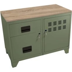 PIERRE HENRY Meuble Rangement Métal 1 Porte 2 Tiroirs Kaki.