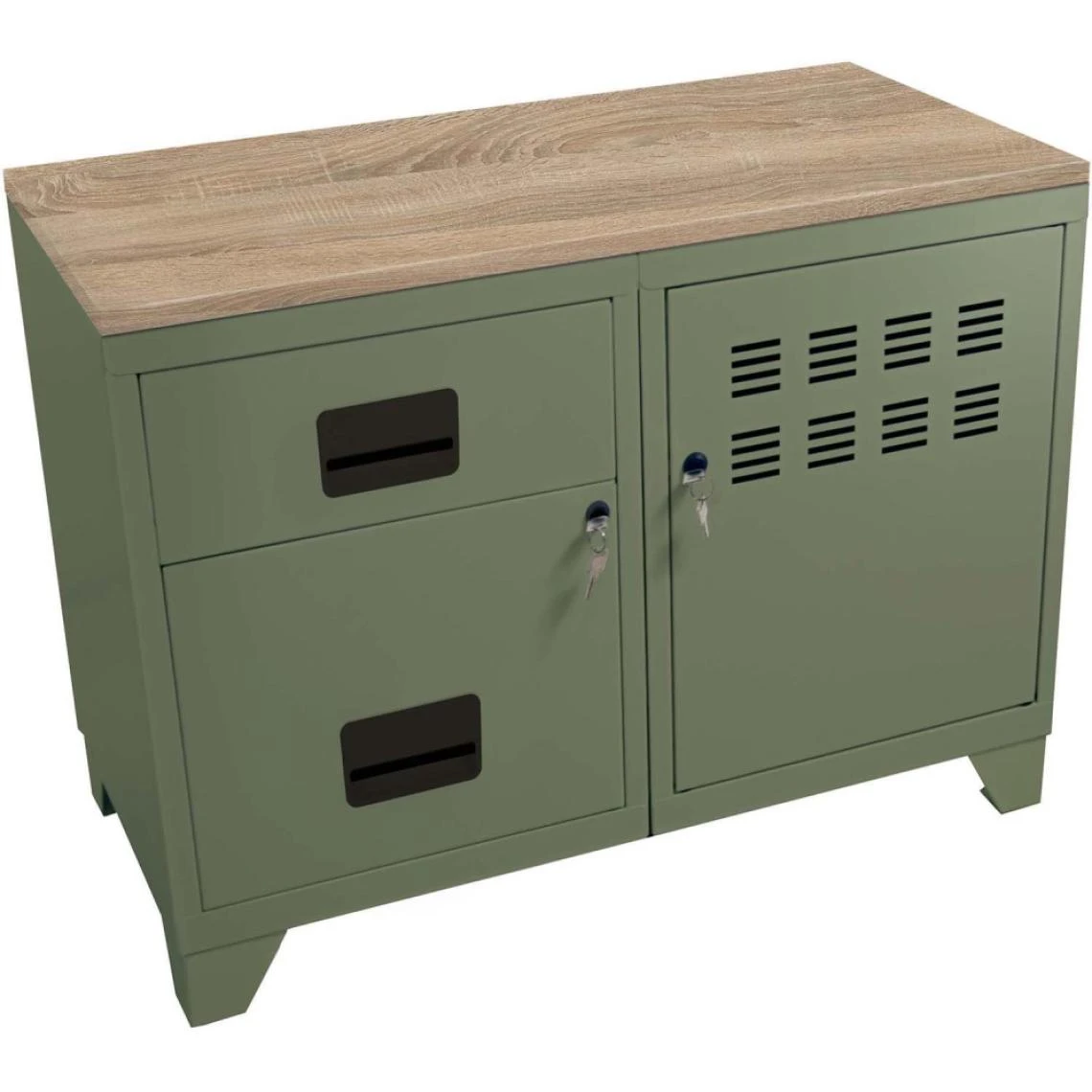 PIERRE HENRY Meuble Rangement Métal 1 Porte 2 Tiroirs Kaki.