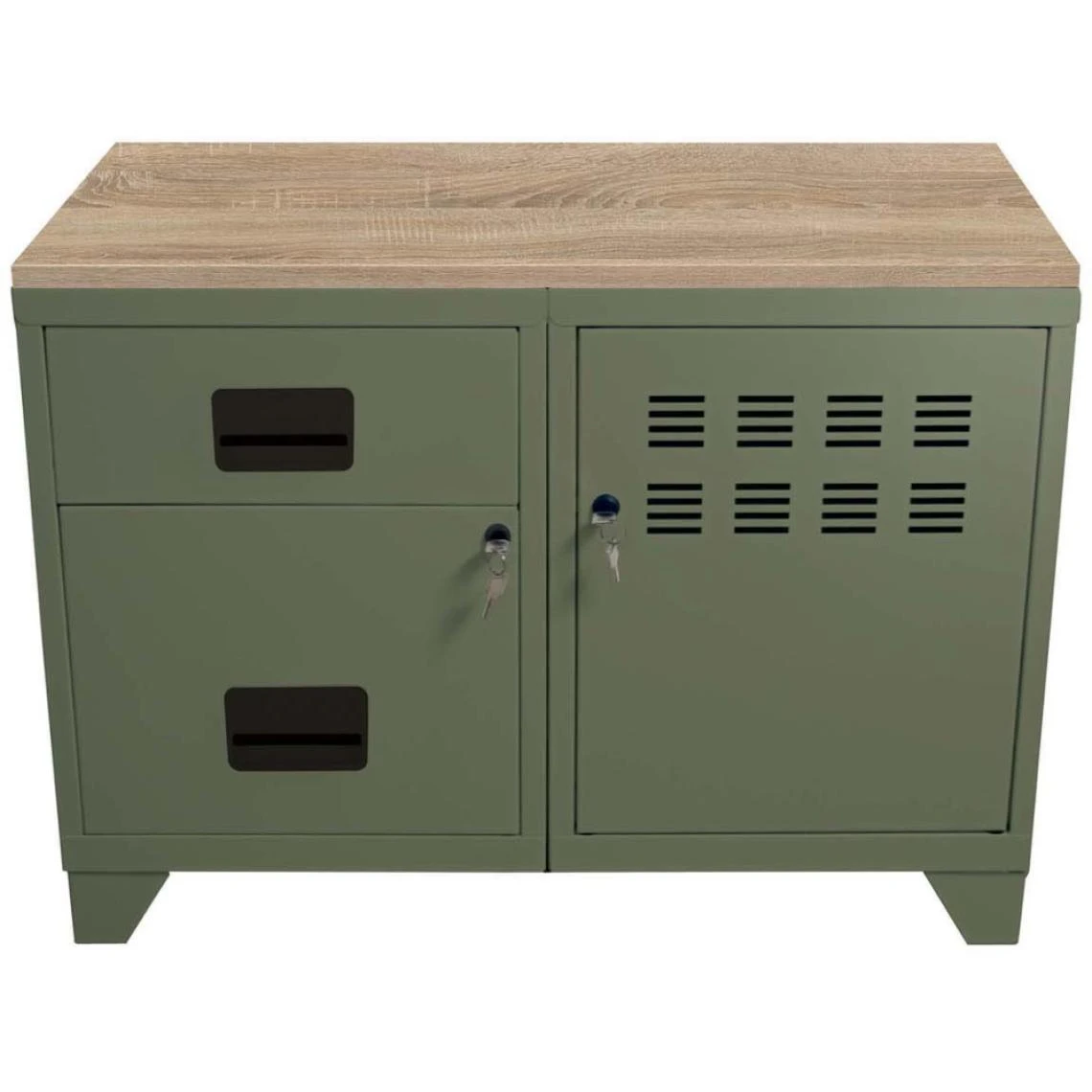 PIERRE HENRY Meuble Rangement Métal 1 Porte 2 Tiroirs Kaki. – Image 2