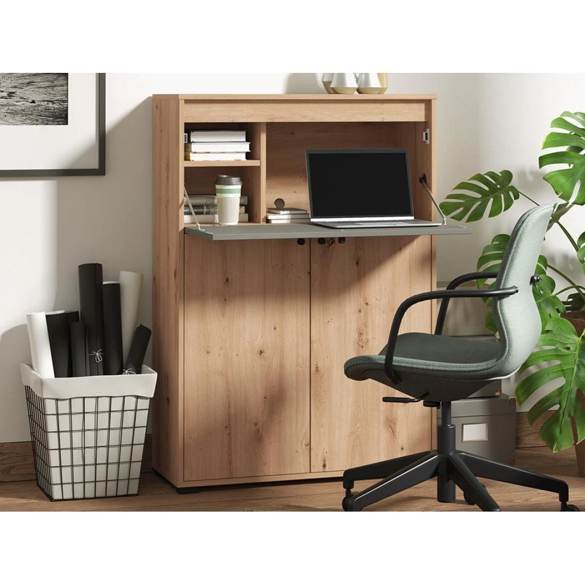 Vente-unique Secrétaire 2 Portes - Coloris : Naturel Et Gris - IDONAR – Image 2