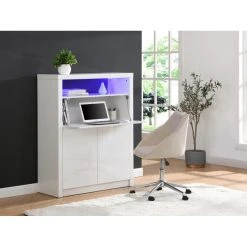Vente-unique Secrétaire Avec 2 Portes - Avec LEDs - MDF - Blanc Lacqué - MELIONA