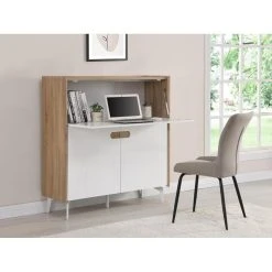 Vente-unique Secrétaire Avec 3 Portes - MDF Et Métal - Coloris : Naturel Et Blanc...