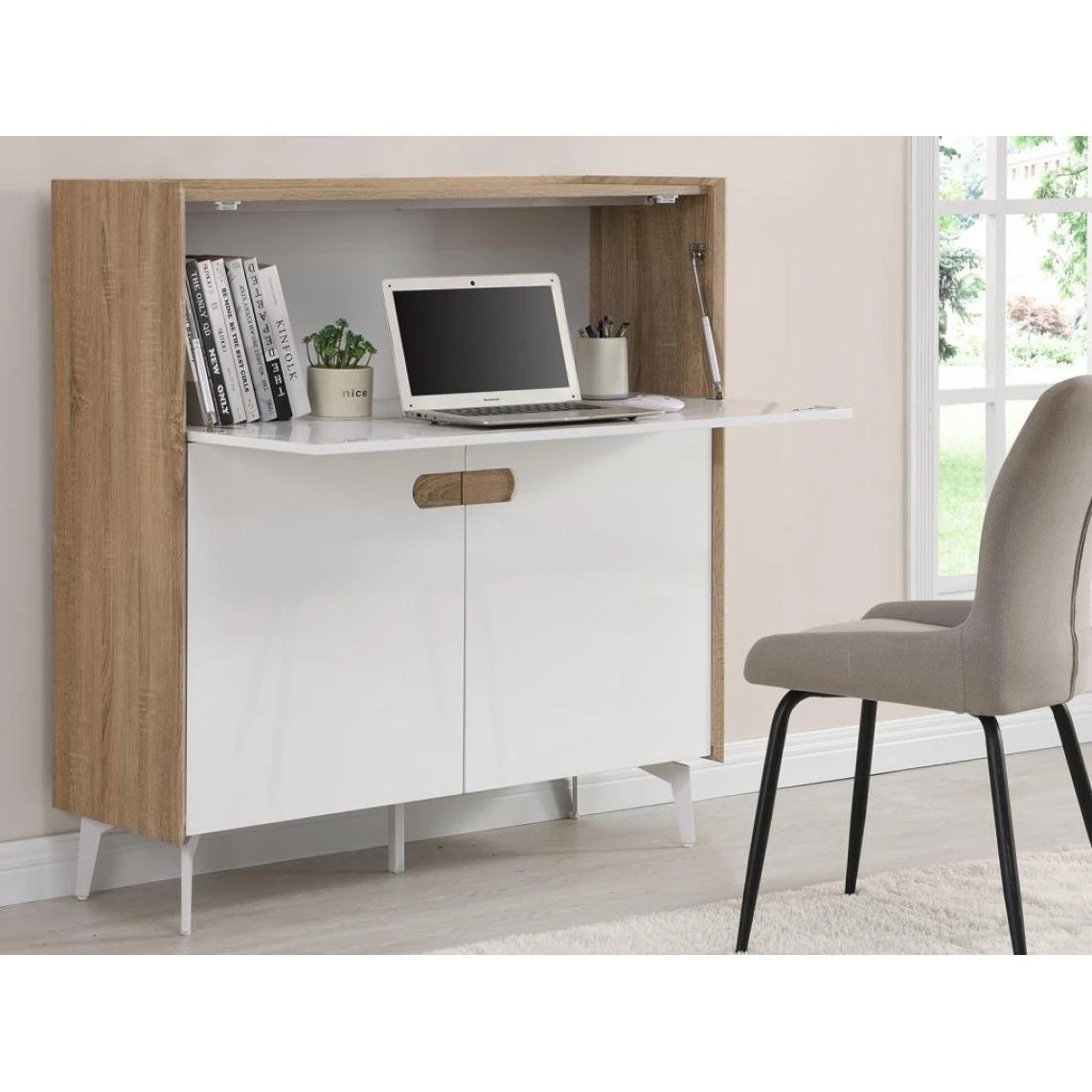 Vente-unique Secrétaire Avec 3 Portes - MDF Et Métal - Coloris : Naturel Et Blanc... – Image 2